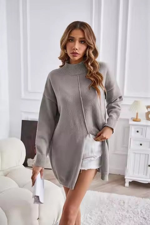 Damen Grobstrickpullover mit hohem Kragen und asymmetrischem Schnitt Heidi-Mode