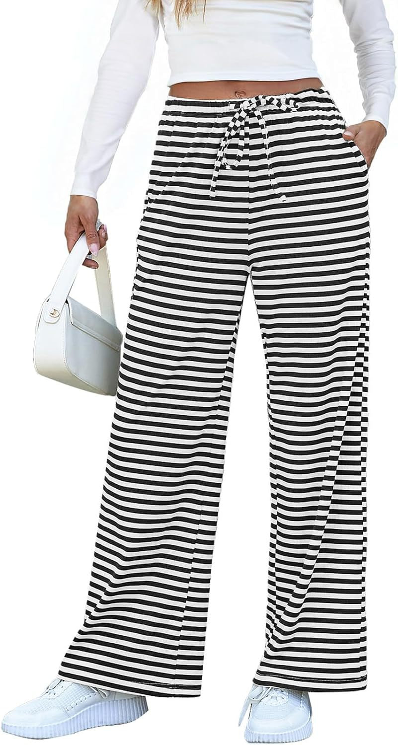 Damen weite Streifenhose mit elastischem Bund und Kordelzug Heidi-Mode
