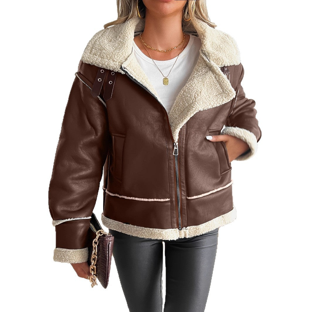 Damen stylische Kunstlederjacke mit Schaffellkragen Heidi-Mode
