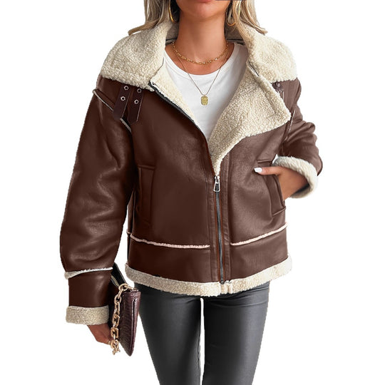 Damen stylische Kunstlederjacke mit Schaffellkragen Heidi-Mode