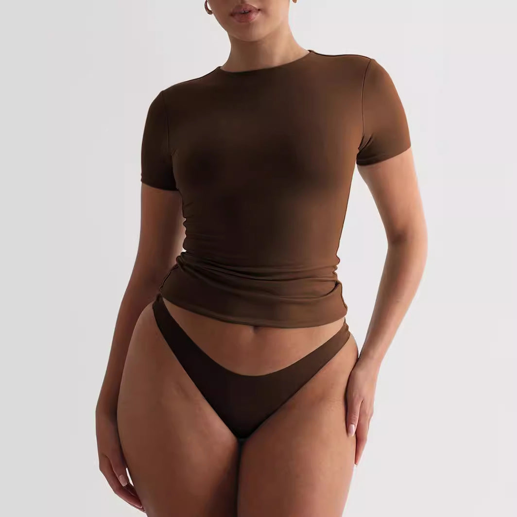 Damen figurbetontes T-Shirt mit Rundhalsausschnitt und kurzem Arm Heidi-Mode