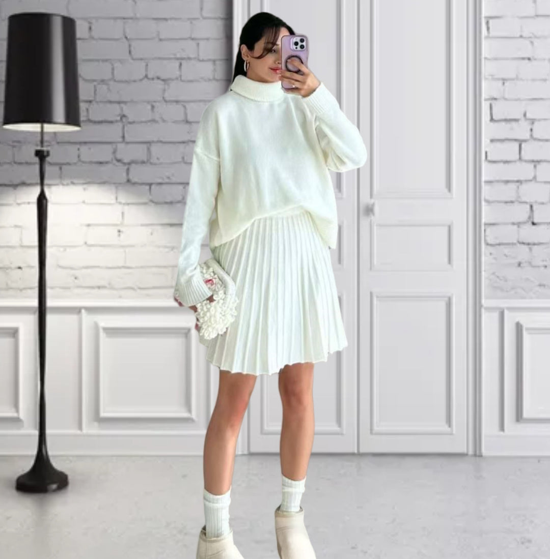 Damen Oversized Strickpullover mit hochwertiger Rippstruktur und passendem Minirock Heidi-Mode
