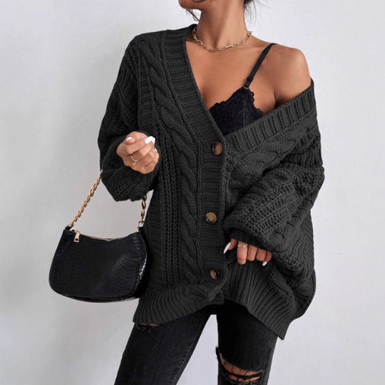 Damen Grobstrick Cardigan mit weiten Ärmeln und Knopfdetails Heidi-Mode