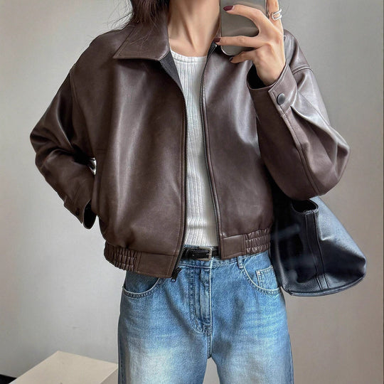 Damen Kunstlederjacke im sportlich-eleganten Schnitt mit elastischem Bund Heidi-Mode