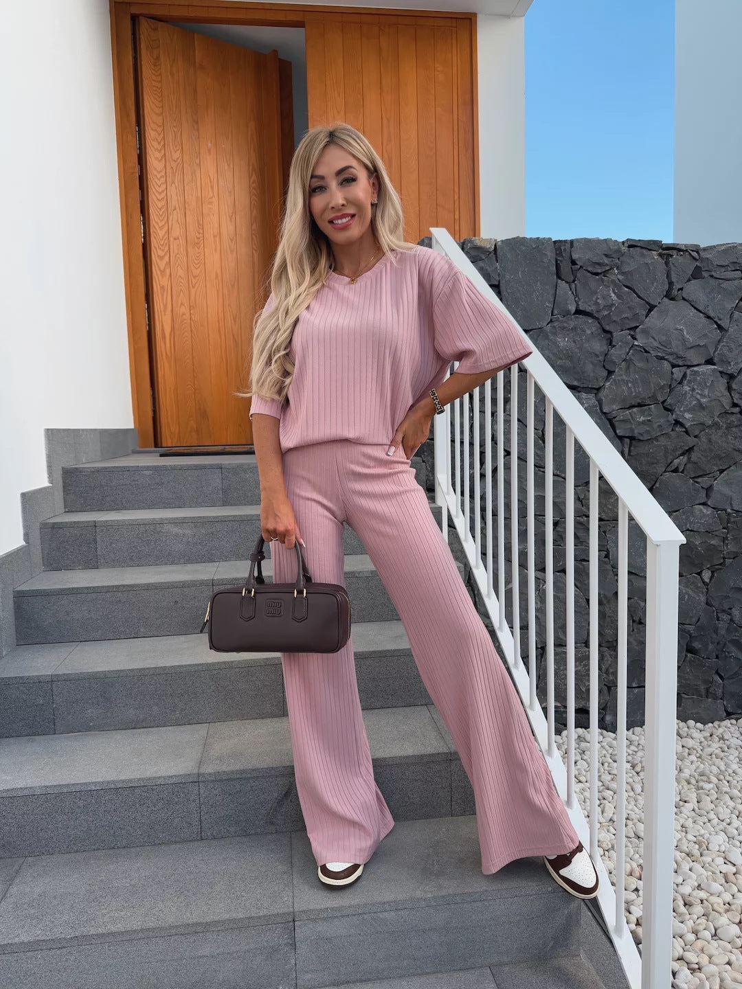 Damen Elegantes Loungewear-Set mit Rippstruktur und weitem Bein Heidi-Mode