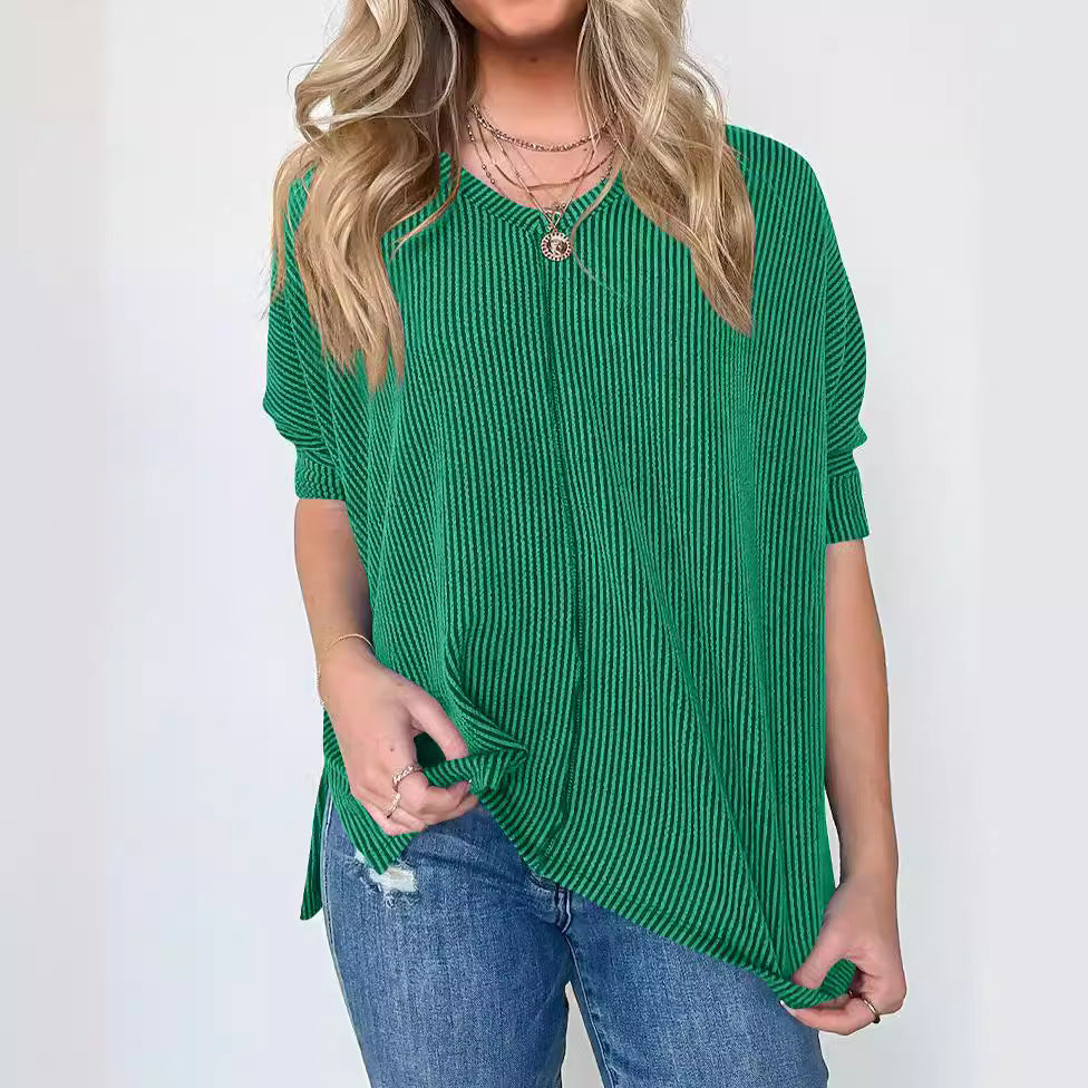 Damen lässiges V-Neck Oberteil mit strukturiertem Design und lockerer Passform Heidi-Mode