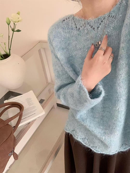 Damen Flauschiger Strickpullover mit glänzenden Akzenten und lockerem Schnitt Heidi-Mode