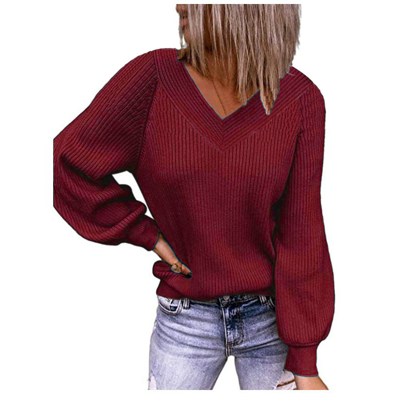 Damen Strickpullover mit V-Ausschnitt und voluminösen Ärmeln Heidi-Mode