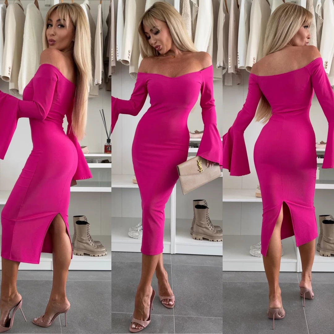 Damen Wickelkleid mit schulterfreiem Design und eleganten Trompetenärmeln Heidi-Mode