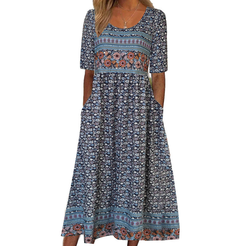 Heidi Mode | Rundhalsausschnitt Kurzarm Bohemian Print Kleid Frauen