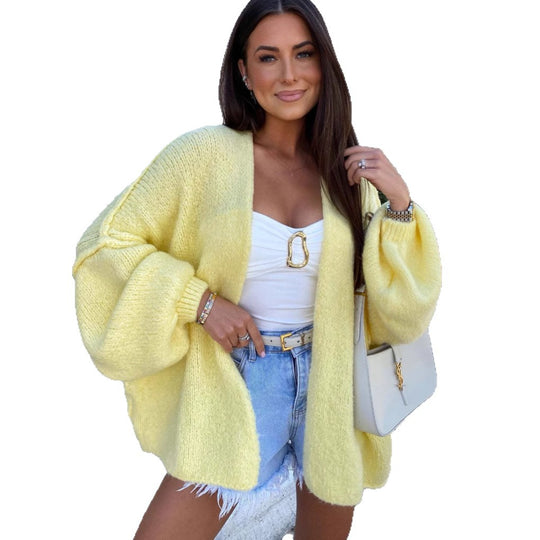 Damen oversized Strickjacke mit lässigen Ballonärmeln und strukturiertem Material Heidi-Mode