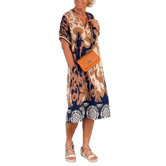 Damen Luftiges Freizeitkleid mit V-Ausschnitt und praktischen Taschen Heidi-Mode