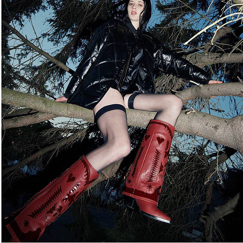 Femme Dekorative Western-Stil Kniehohe Stiefel Heidi-Mode