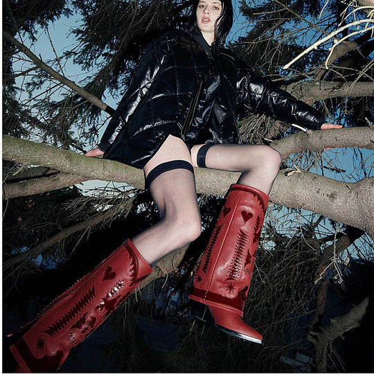 Femme Dekorative Western-Stil Kniehohe Stiefel Heidi-Mode