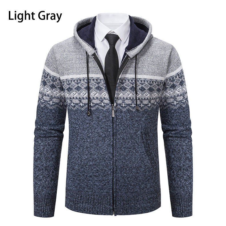 Herren stilvolle Strickjacke mit Kapuze und Norweger-Muster Heidi-Mode
