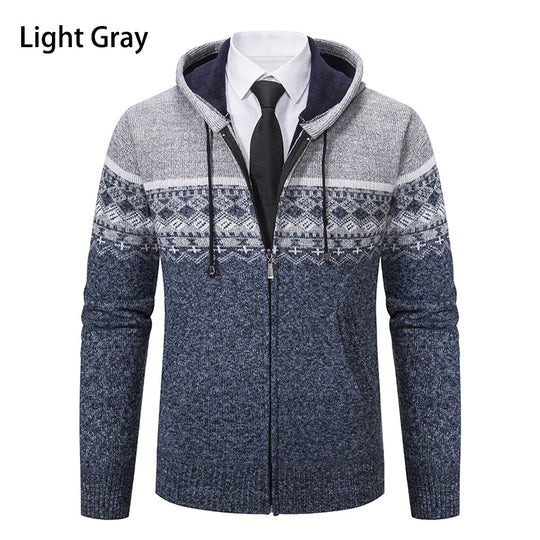 Herren stilvolle Strickjacke mit Kapuze und Norweger-Muster Heidi-Mode