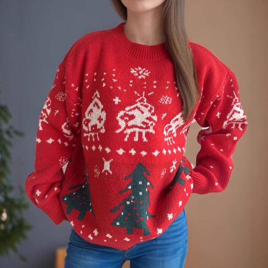 Damen gestrickter Weihnachtspullover mit festlichen Motiven und lässigem Schnitt Heidi-Mode