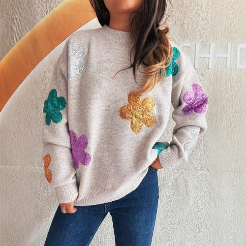 Damen Strickpullover mit bunten Funkelblumen Heidi-Mode