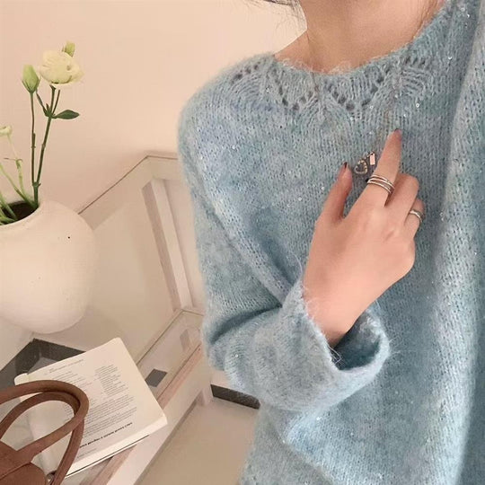 Damen Flauschiger Strickpullover mit glänzenden Akzenten und lockerem Schnitt Heidi-Mode