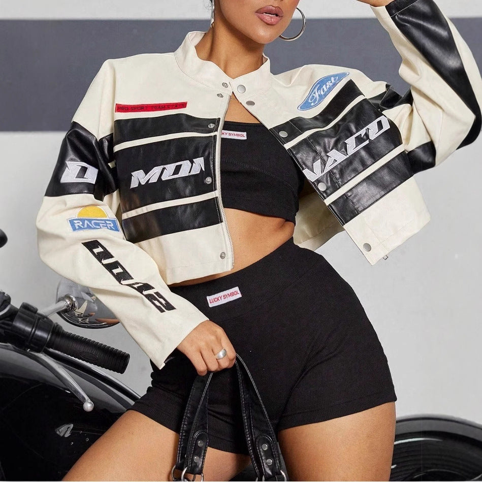 Damen cropped Bikerjacke mit sportiven Branding-Elementen Heidi-Mode