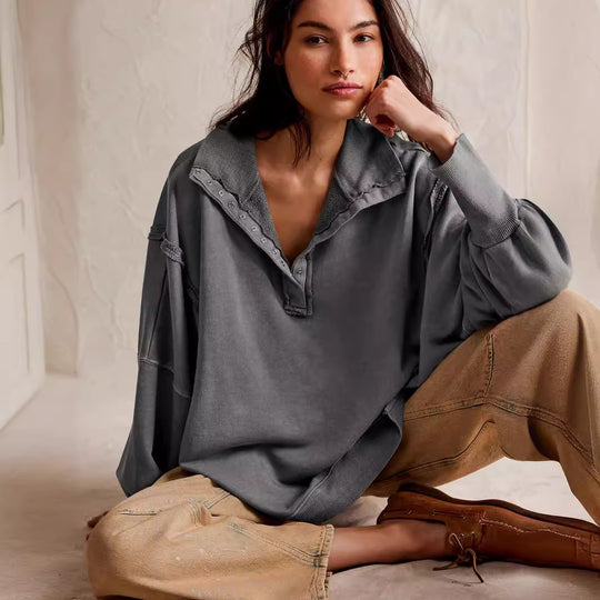 Damen Oversize Pullover mit Kragen und Druckknöpfen Heidi-Mode