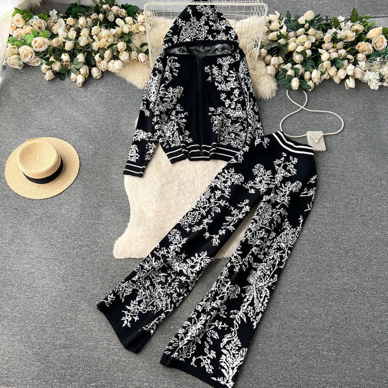 Damen modisches Freizeit-Lounge-Set mit Kapuze und floralem Muster Heidi-Mode