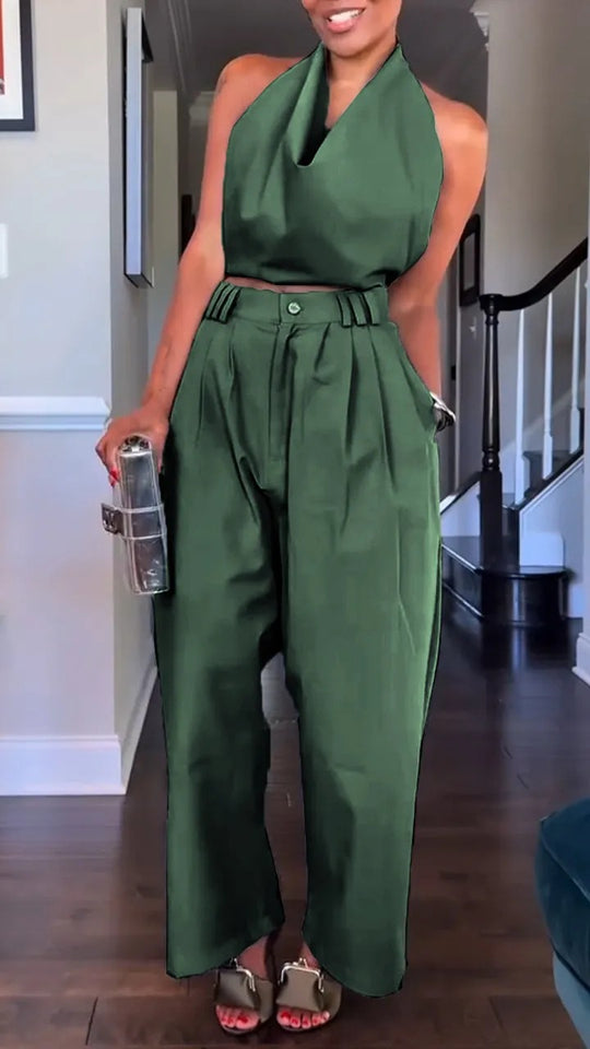 Damen Halterneck Satin Overall mit taillierten Hosen Heidi-Mode