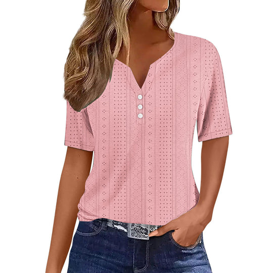 Damen Kurzarm Bluse mit Knopfdetails und feiner Lochmusterstruktur Heidi-Mode