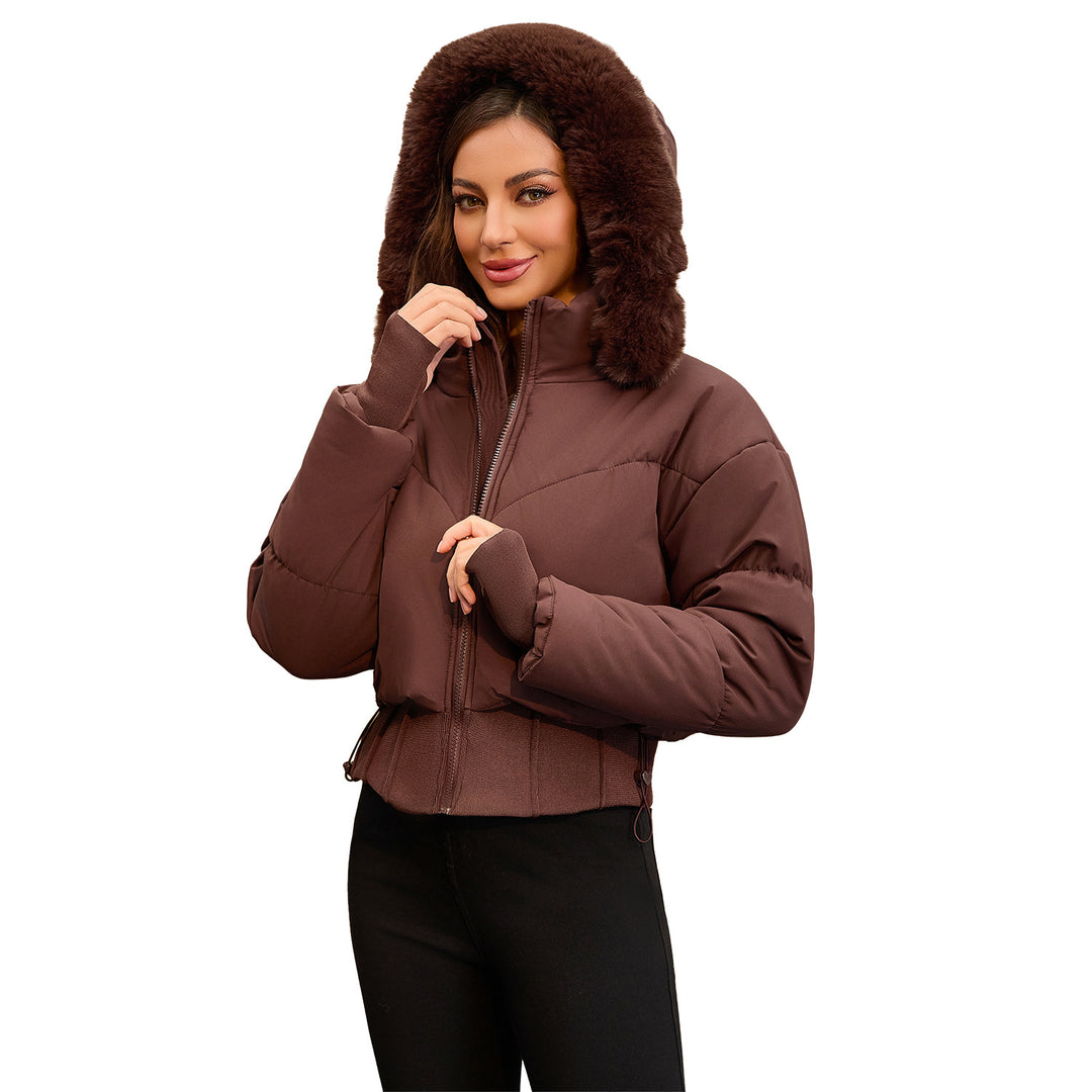 Damen cropped Daunenjacke mit abnehmbarer Kapuze und Kunstfellbesatz Heidi-Mode