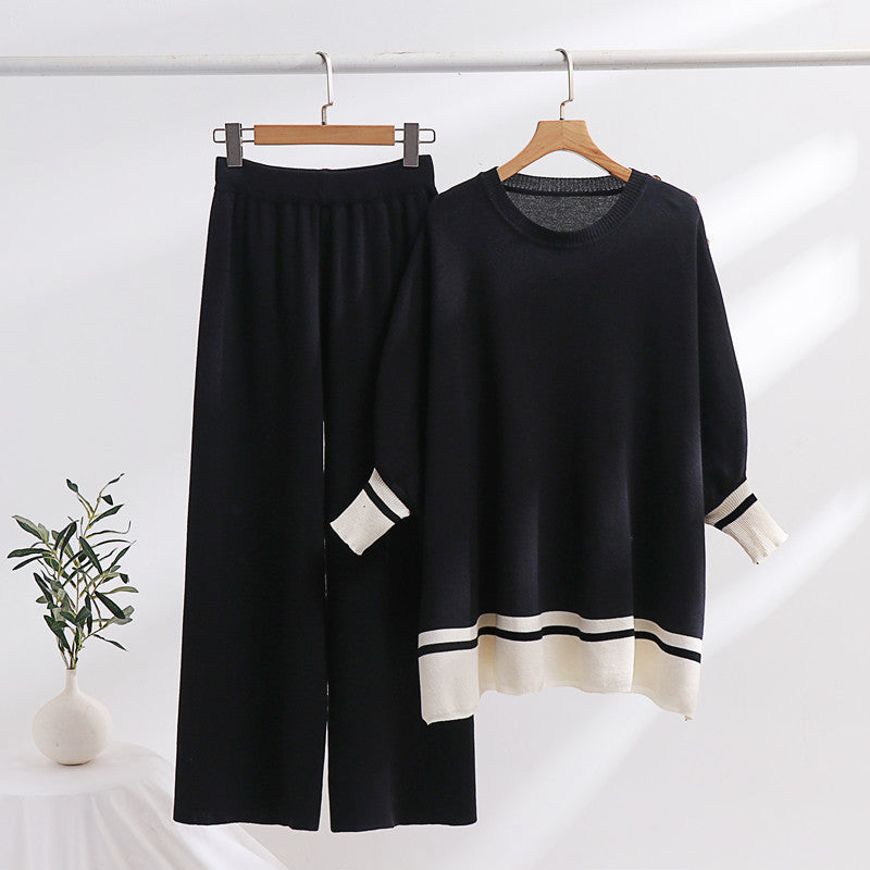 Damen lässiges Strick-Loungewear-Set mit modischem Kontrastsaum und weitem Schnitt Heidi-Mode