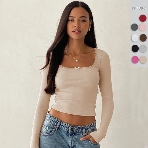 Damen Langarmoberteil mit feiner Spitzenkante und figurbetontem Schnitt Heidi-Mode