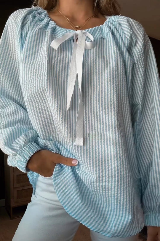 Damen Blusenshirt mit elastischem Puffärmel und dekorativem Bindeband Heidi-Mode