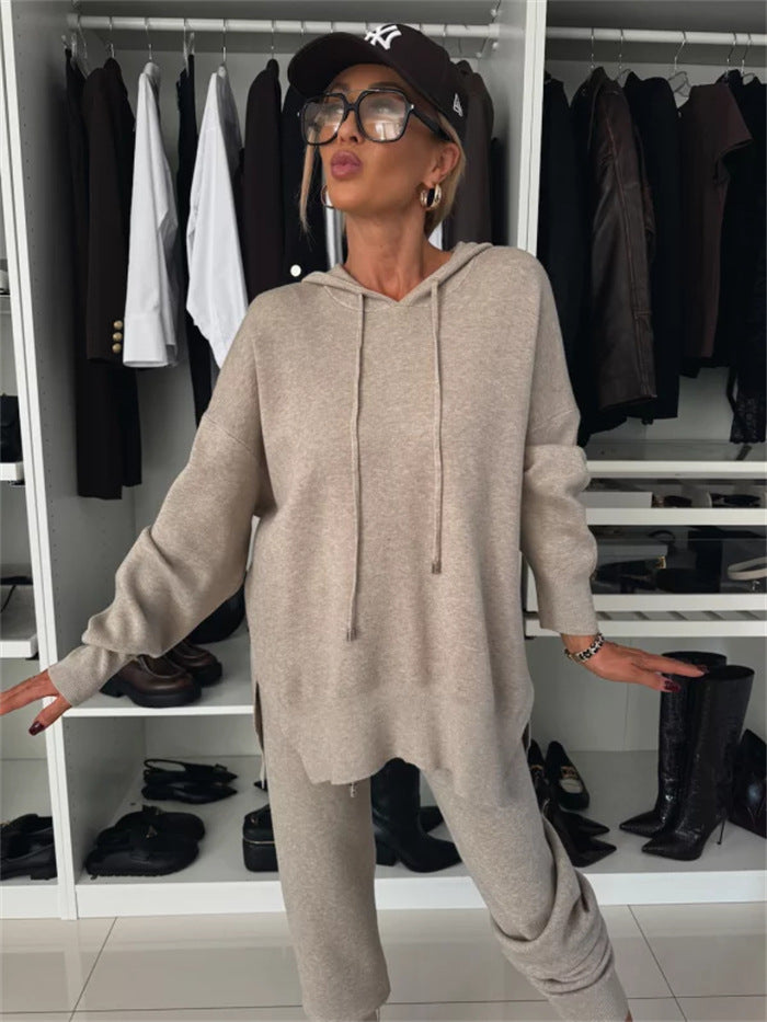Damen modisches Freizeit-Loungewear-Set aus weichem Material mit Kapuze und weit geschnittenen Hosen Heidi-Mode