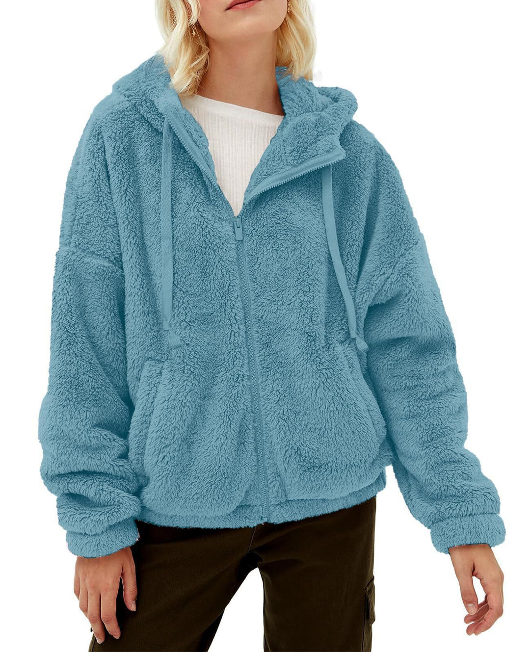 Damen Flauschige Fleecejacke mit Kapuze und Eingrifftaschen Heidi-Mode