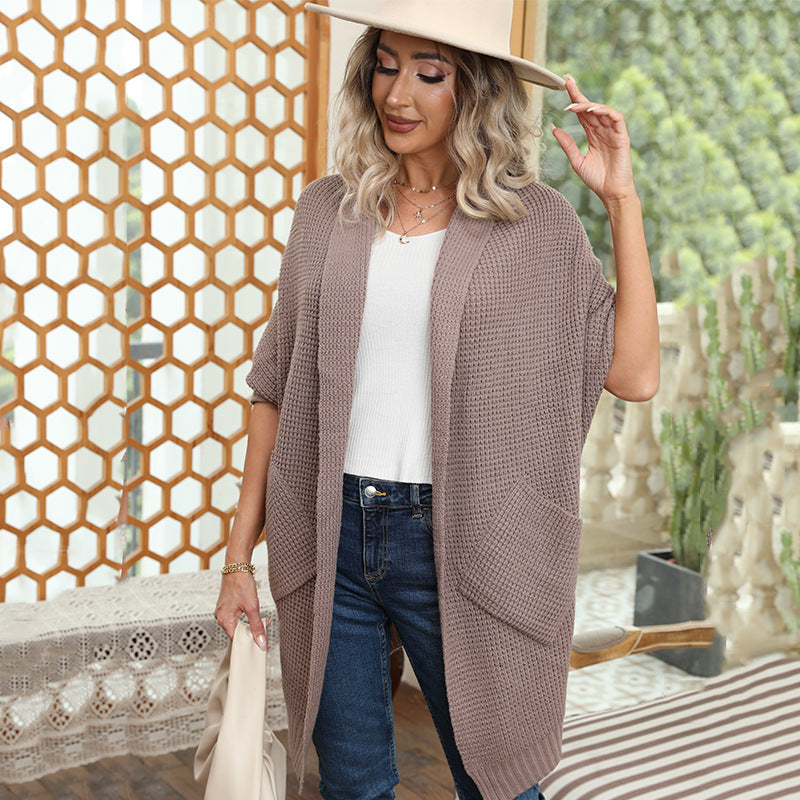 Damen lässiger Strickmantel mit praktischen Taschen und offener Front Heidi-Mode