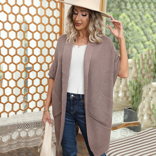 Damen lässiger Strickmantel mit praktischen Taschen und offener Front Heidi-Mode