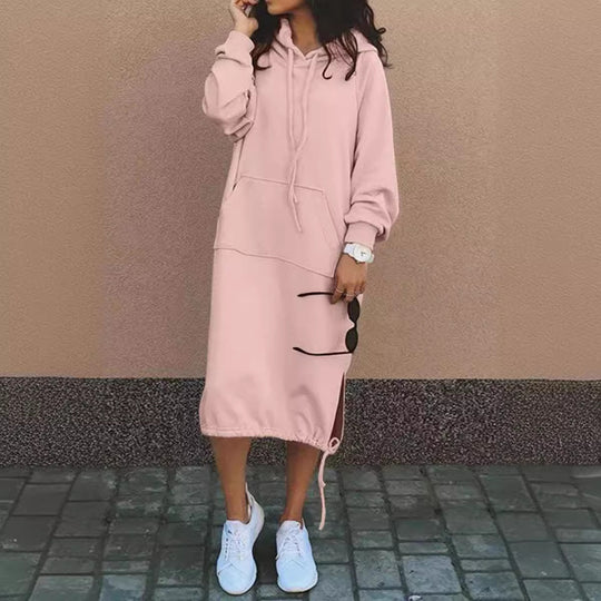Damen Casual Hoodie Kleid mit verstellbarem Kordelzug-Saum Heidi-Mode
