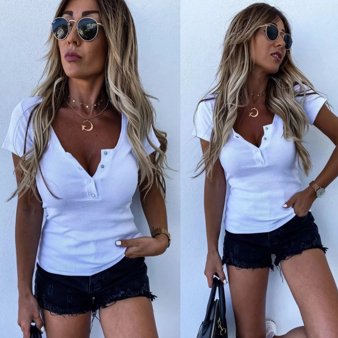 Damen modisches Kurzarm-Henley-Oberteil mit Knopfleiste und feiner Rippstruktur Heidi-Mode