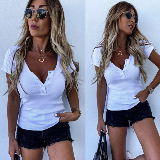 Damen modisches Kurzarm-Henley-Oberteil mit Knopfleiste und feiner Rippstruktur Heidi-Mode