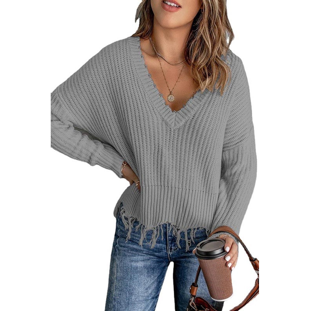 Damen V-Ausschnitt Strickpullover mit Fransen Heidi-Mode