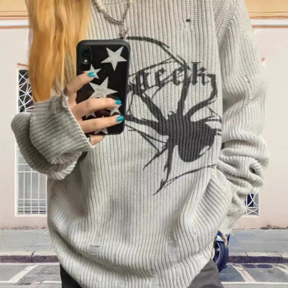 Damen Oversized Strickpullover mit auffälligem Spinnenmuster Heidi-Mode