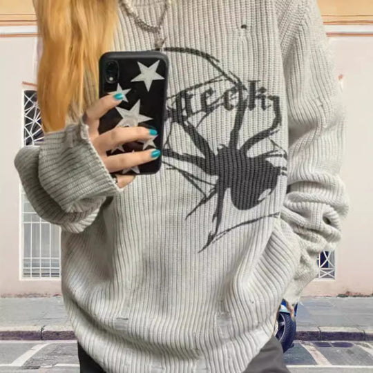 Damen Oversized Strickpullover mit auffälligem Spinnenmuster Heidi-Mode
