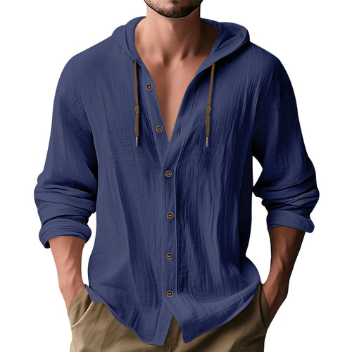 Herren lässiges Kapuzenshirt aus atmungsaktiver Baumwolle mit Knopfleiste und verstellbarem Kordelzug Heidi-Mode