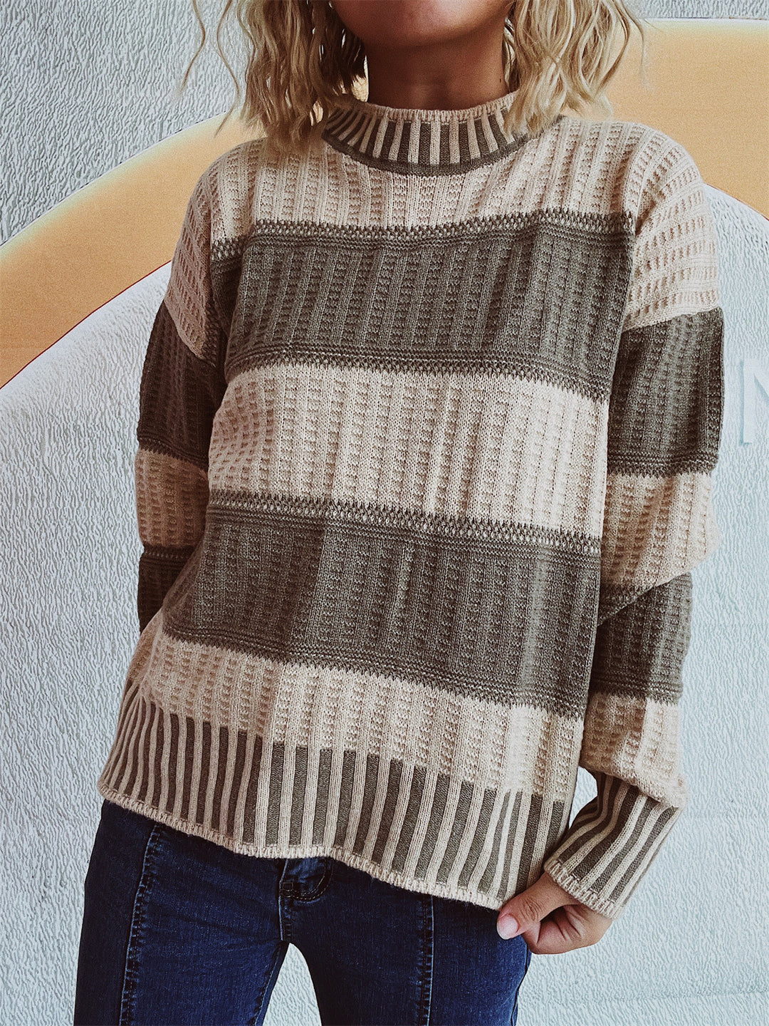 Damen lässiger Strickpullover mit modernem Streifenmuster und warmem Material Heidi-Mode