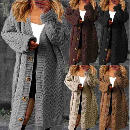 Damen Großer Strickmantel mit dekorativem Knopfverschluss und Zopfmuster Heidi-Mode