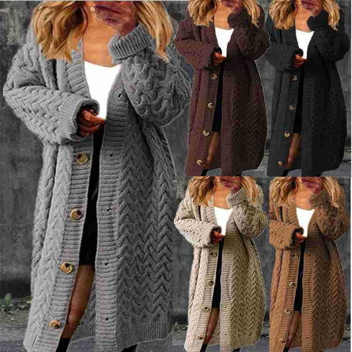 Damen Großer Strickmantel mit dekorativem Knopfverschluss und Zopfmuster Heidi-Mode