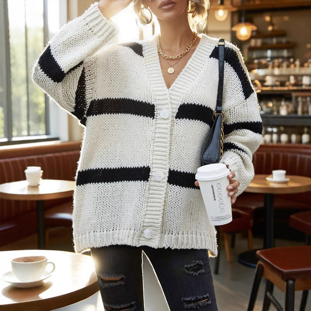 Damen Grobstrickjacke mit modischen Streifen Heidi-Mode