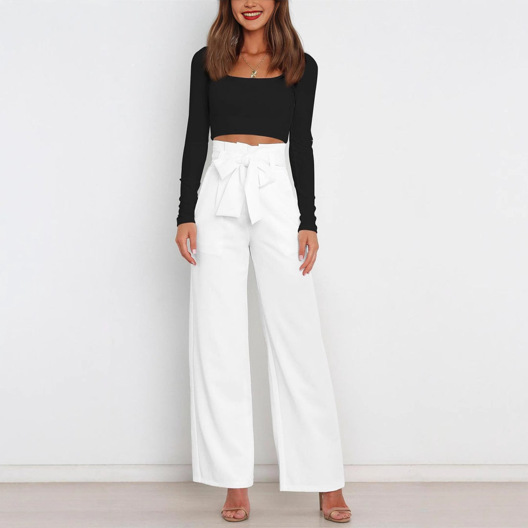 Damen Weit geschnittene High-Waist-Hose mit Binde-Gürtel und Taschen Heidi-Mode
