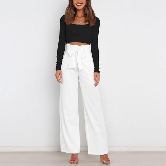 Damen Weit geschnittene High-Waist-Hose mit Binde-Gürtel und Taschen Heidi-Mode