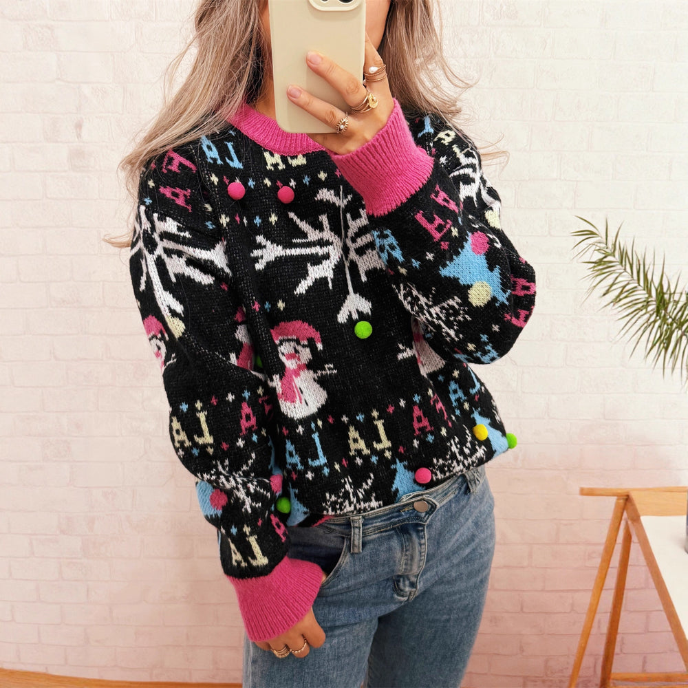 Damen festlicher Pullover mit farbenfrohen Weihnachtsmotiven und verspielten Details Heidi-Mode